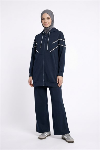 Kapüşonlu Simli Şerit Detaylı Pantolonlu İkili Takım Lacivert 25KT631