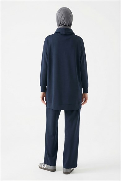 Kapüşonlu Simli Şerit Detaylı Pantolonlu İkili Takım Lacivert 25KT631