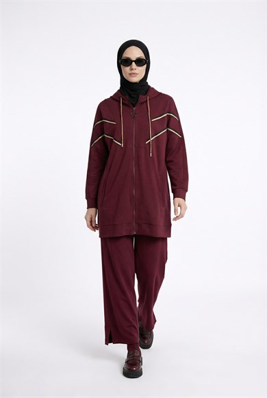 Kapüşonlu Simli Şerit Detaylı Pantolonlu İkili Takım Bordo 25KT631