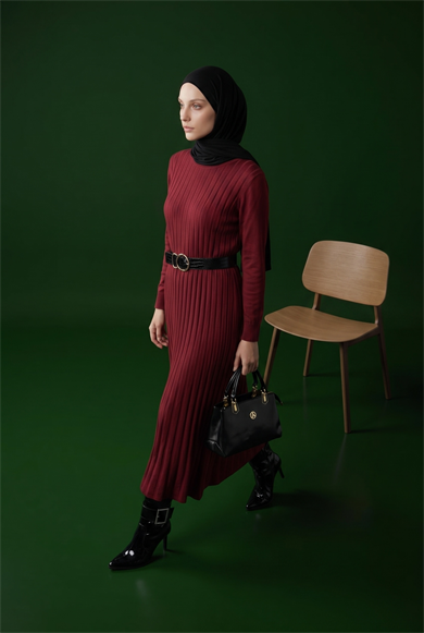 Kendinden Çizgili Triko Elbise Bordo 25KTD901