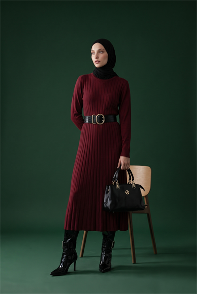 Kendinden Çizgili Triko Elbise Bordo 25KTD901