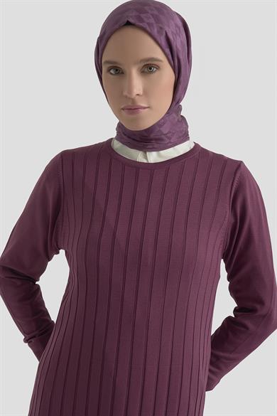Kendinden Çizgili Triko Elbise Mürdüm 25KTD901