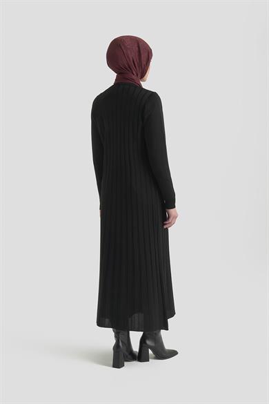 Kendinden Çizgili Triko Elbise Siyah 25KTD901