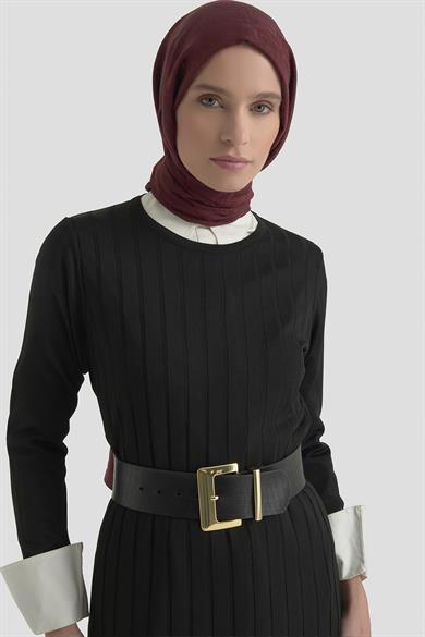 Kendinden Çizgili Triko Elbise Siyah 25KTD901