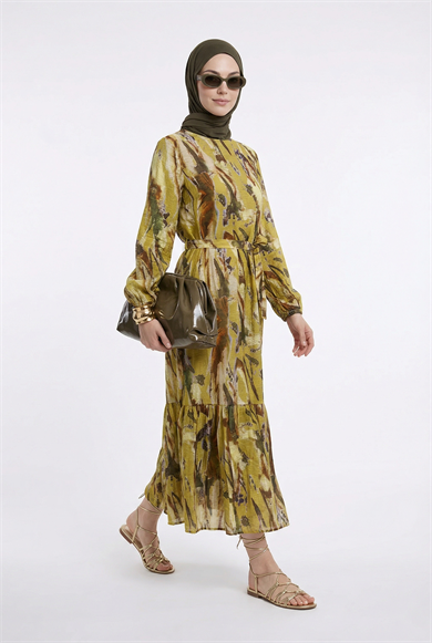 Kendinden Desenli Beli Kuşaklı Elbise Yağ Yeşili 25YT963