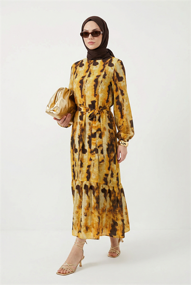 Kendinden Desenli Beli Kuşaklı Elbise Oranj 25YT963