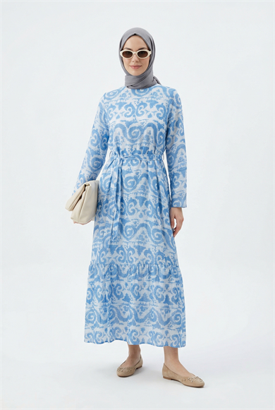 Kendinden Desenli Beli Kuşaklı Elbise Mavi 25YT963