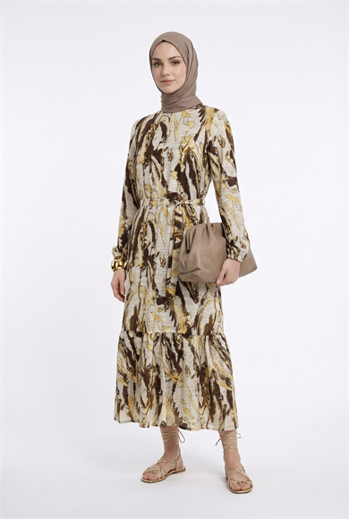 Kendinden Desenli Beli Kuşaklı Elbise Kahverengi 25YT963