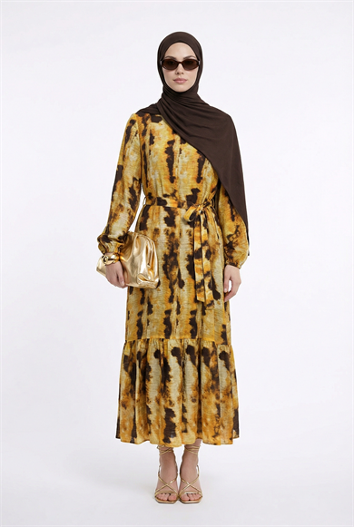 Kendinden Desenli Beli Kuşaklı Elbise Oranj 25YT963