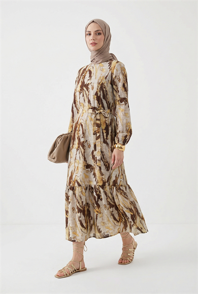 Kendinden Desenli Beli Kuşaklı Elbise Kahverengi 25YT963