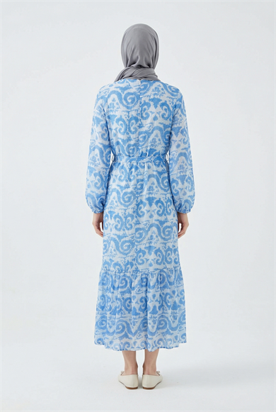 Kendinden Desenli Beli Kuşaklı Elbise Mavi 25YT963