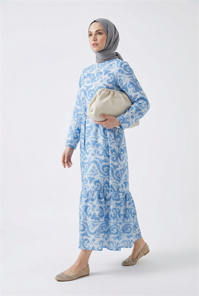 Kendinden Desenli Beli Kuşaklı Elbise Mavi 25YT963