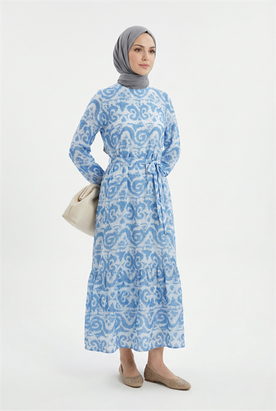 Kendinden Desenli Beli Kuşaklı Elbise Mavi 25YT963