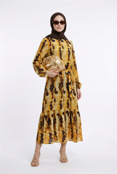 Kendinden Desenli Beli Kuşaklı Elbise Oranj 25YT963