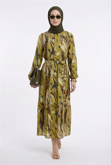 Kendinden Desenli Beli Kuşaklı Elbise Yağ Yeşili 25YT963