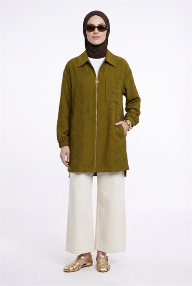 Kendinden Desenli Boydan Fermuarlı Cepli Tunik Hardal 26YT460