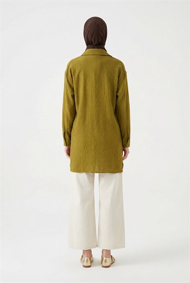 Kendinden Desenli Boydan Fermuarlı Cepli Tunik Hardal 26YT460