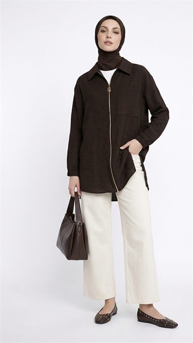 Kendinden Desenli Boydan Fermuarlı Cepli Tunik Kahverengi 26YT460