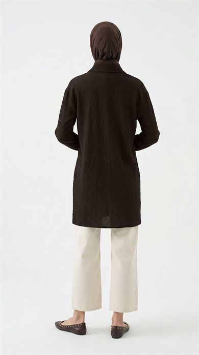 Kendinden Desenli Boydan Fermuarlı Cepli Tunik Kahverengi 26YT460