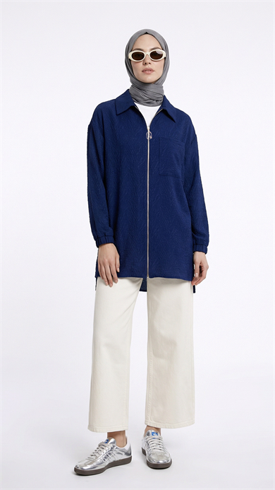 Kendinden Desenli Boydan Fermuarlı Cepli Tunik Lacivert 26YT460