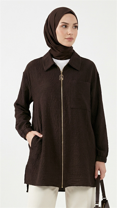 Kendinden Desenli Boydan Fermuarlı Cepli Tunik Kahverengi 26YT460