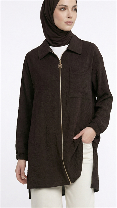 Kendinden Desenli Boydan Fermuarlı Cepli Tunik Kahverengi 26YT460