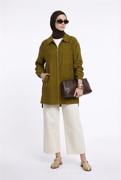 Kendinden Desenli Boydan Fermuarlı Cepli Tunik Hardal 26YT460