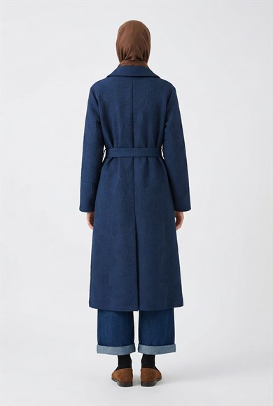 Kendinden Desenli Boydan Fermuarlı Kap Lacivert 26YT713