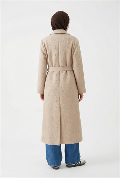 Kendinden Desenli Boydan Fermuarlı Kap Bej 26YT713