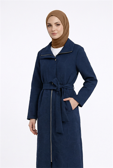 Kendinden Desenli Boydan Fermuarlı Kap Lacivert 26YT713