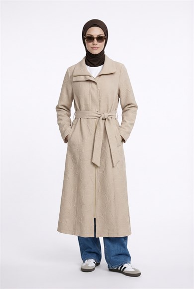 Kendinden Desenli Boydan Fermuarlı Kap Bej 26YT713