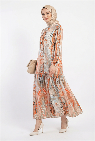 Kendinden Desenli Düğme Detaylı Elbise Kahverengi 25YT959