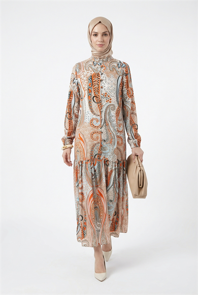 Kendinden Desenli Düğme Detaylı Elbise Kahverengi 25YT959