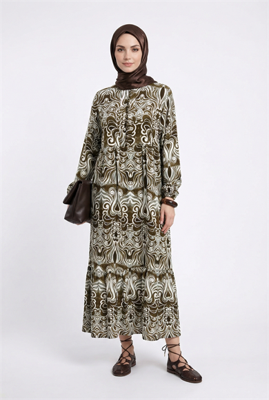 Kendinden Desenli Düğme Detaylı Elbise Haki 25YT942