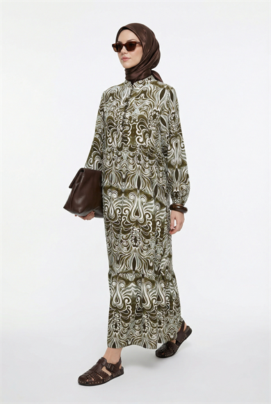 Kendinden Desenli Düğme Detaylı Elbise Haki 25YT942