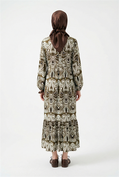 Kendinden Desenli Düğme Detaylı Elbise Haki 25YT942