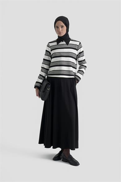 Kendinden Desenli Fitillli Etekli İkili Takım Siyah 25KT6113