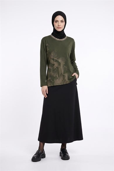 Kendinden Desenli Taş Detaylı Anne Penyesi Haki 25YTD486