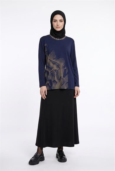 Kendinden Desenli Taş Detaylı Anne Penyesi Lacivert 25YTD486