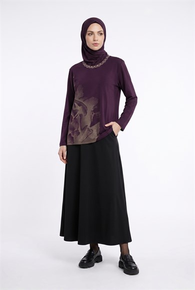 Kendinden Desenli Taş Detaylı Anne Penyesi Mürdüm 25YTD486