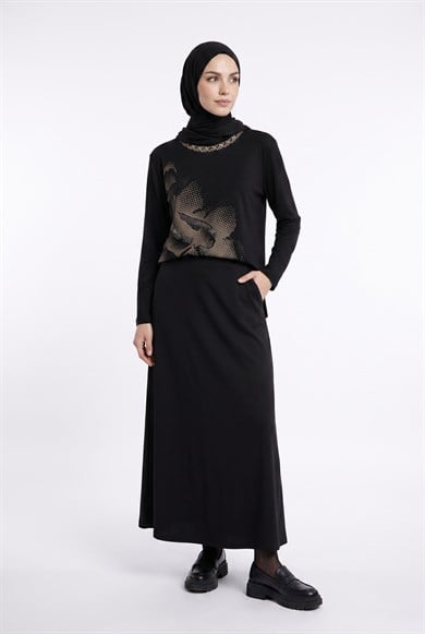 Kendinden Desenli Taş Detaylı Anne Penyesi Siyah 25YTD486