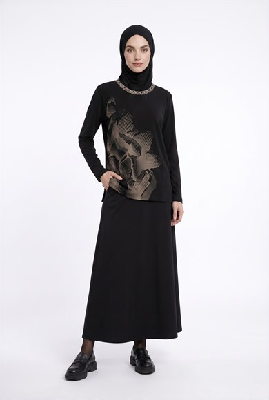 Kendinden Desenli Taş Detaylı Anne Penyesi Siyah 25YTD486
