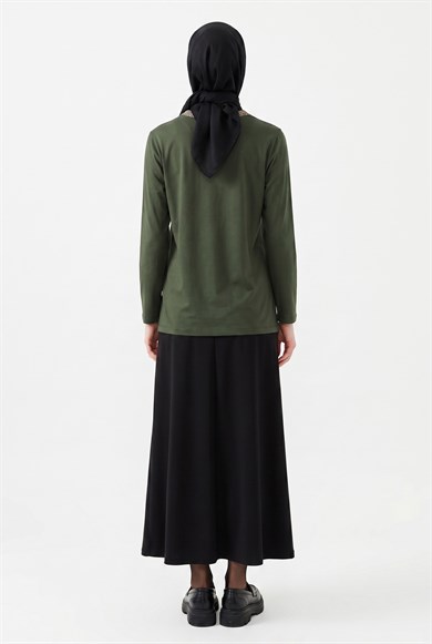 Kendinden Desenli Taş Detaylı Anne Penyesi Haki 25YTD486