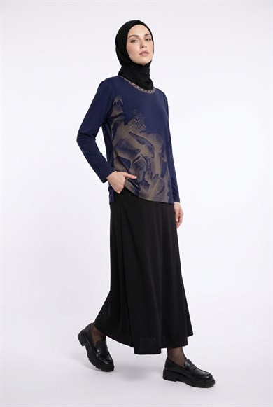 Kendinden Desenli Taş Detaylı Anne Penyesi Lacivert 25YTD486