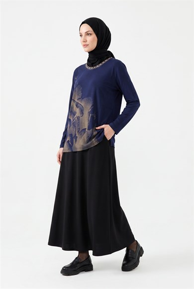 Kendinden Desenli Taş Detaylı Anne Penyesi Lacivert 25YTD486