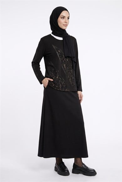Kendinden Desenli Taş Detaylı Anne Penyesi Siyah 25YTD481