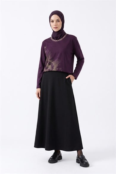 Kendinden Desenli Taş Detaylı Anne Penyesi Mürdüm 25YTD486