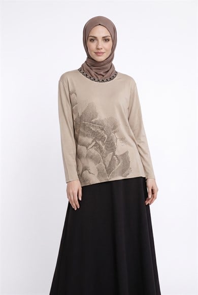Kendinden Desenli Taş Detaylı Anne Penyesi Bej 25YTD486