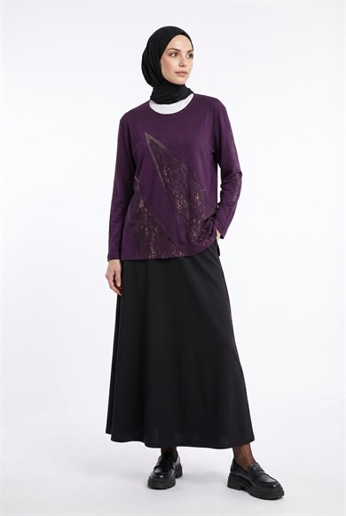 Kendinden Desenli Taş Detaylı Anne Penyesi Mürdüm 25YTD481