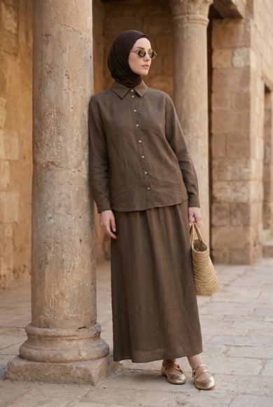 Keten Gömlekli Etekli İkili Takım Açık Kahve 26YT626